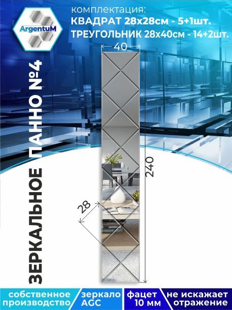 

Зеркальное панно из Квадратов 28х28см с фацетом 10мм (40х240см), panel282282arg
