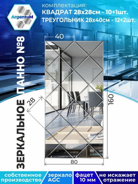 

Зеркальное панно из Квадратов 28х28см с фацетом 10мм (80х160см), panel282282arg