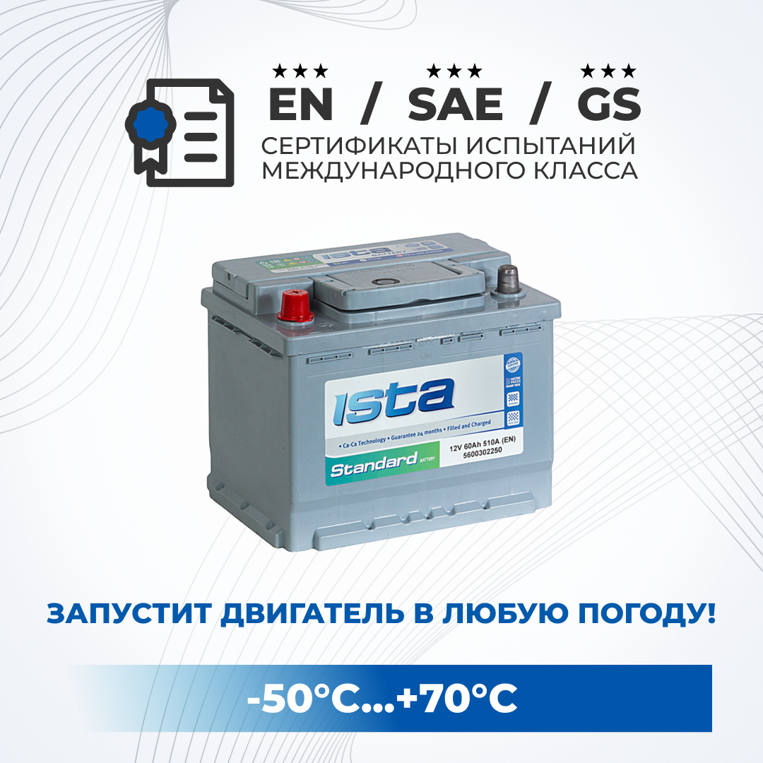 

Аккумулятор автомобильный ISTA 60Ah 510A прямая полярность легковой (242x175x190), ISTA 1