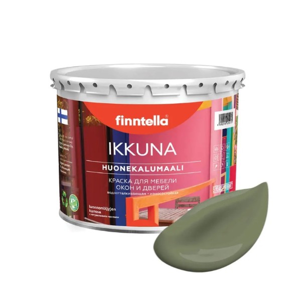 

Краска IKKUNA FINNTELLA Матовая, OLIIVI Тёмно-зелёный, 9л, Зеленый, IKKUNA для мебели, для дерева и для деревянных поверхностей с натуральным маслом, без запаха