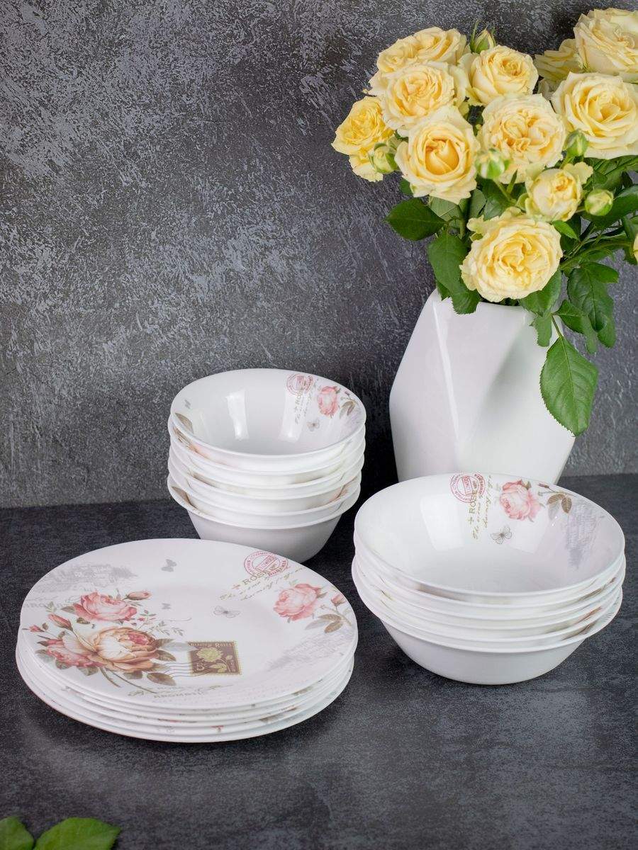 

Столовый сервиз Olaff на 6 персон из стеклокерамики 18 шт 197-21016rose-18-FS, Белый