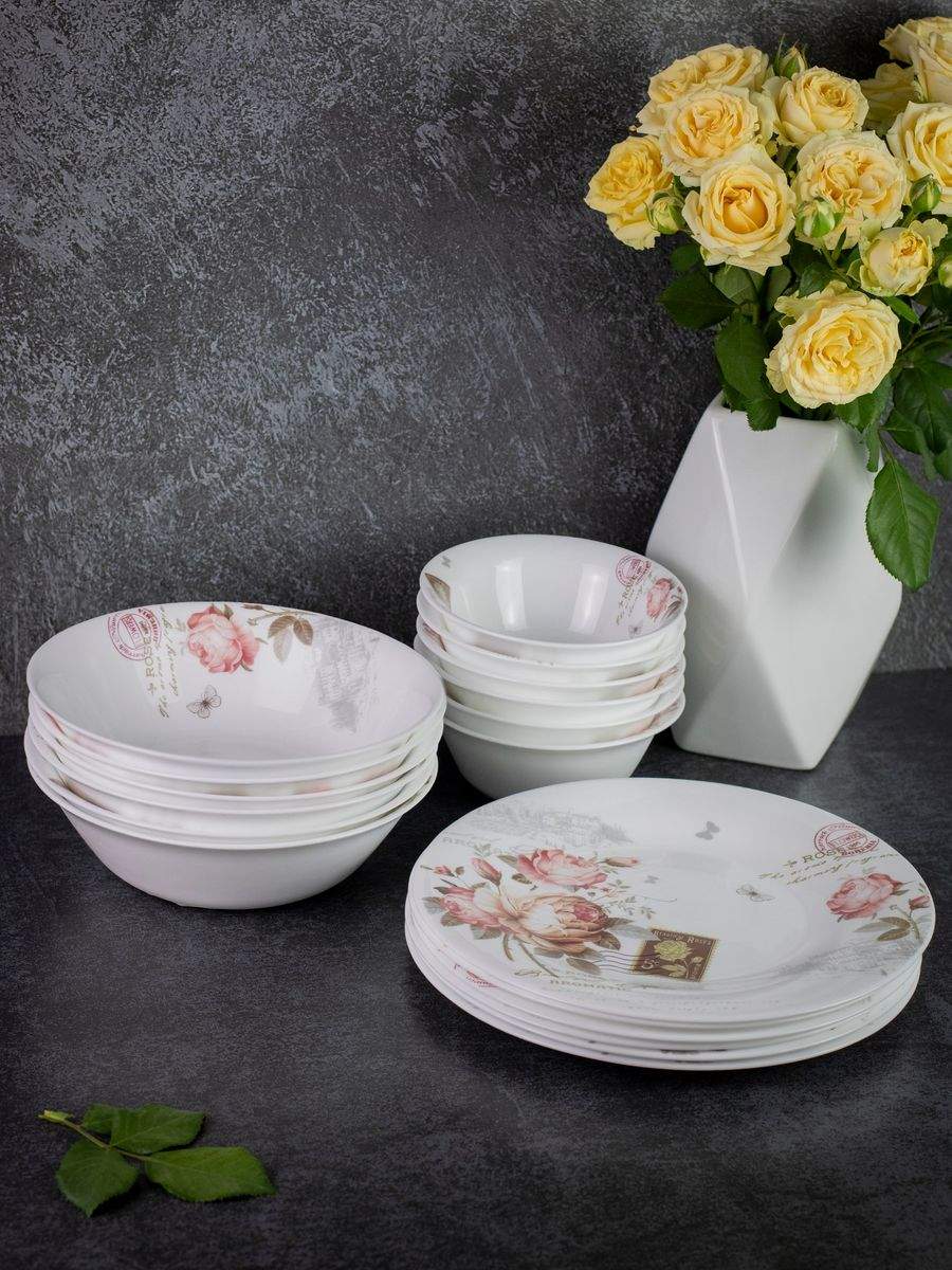 

Столовый сервиз Olaff на 6 персон из стеклокерамики 18 шт 197-21017rose-18-FS, Белый