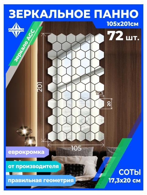 

Зеркальное панно из Сот 17,3х20см с еврокромкой (105х201см), panel17320001