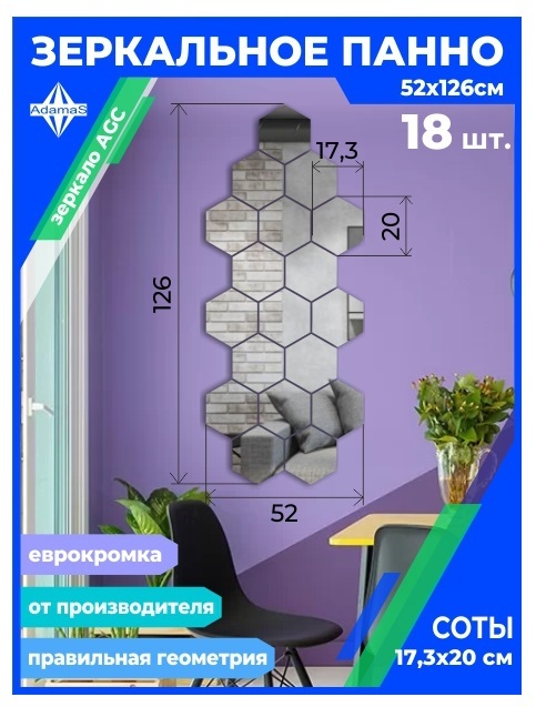 

Зеркальное панно из Сот 17,3х20см с еврокромкой (52х126см), panel17320001