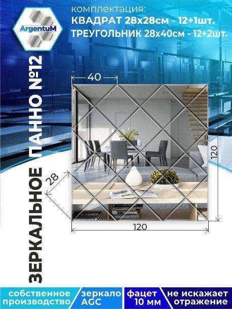 

Зеркальное панно из Квадратов 28х28см с фацетом 10мм (120х120см), panel282282arg
