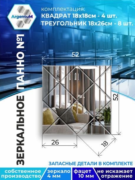 

Зеркальное панно из Квадратов 18х18 см с фацетом 10мм (52х52 см), panel18018002arg