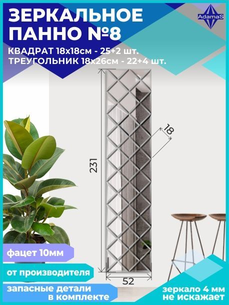 

Зеркальное панно из Квадратов 18х18см с фацетом 10мм (52х231см), panel180180