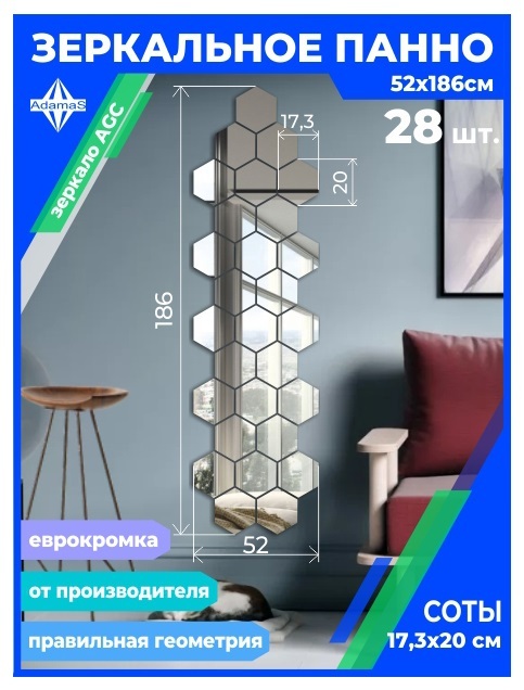 

Зеркальное панно из Сот 17,3х20см с еврокромкой (52х186см), panel17320001