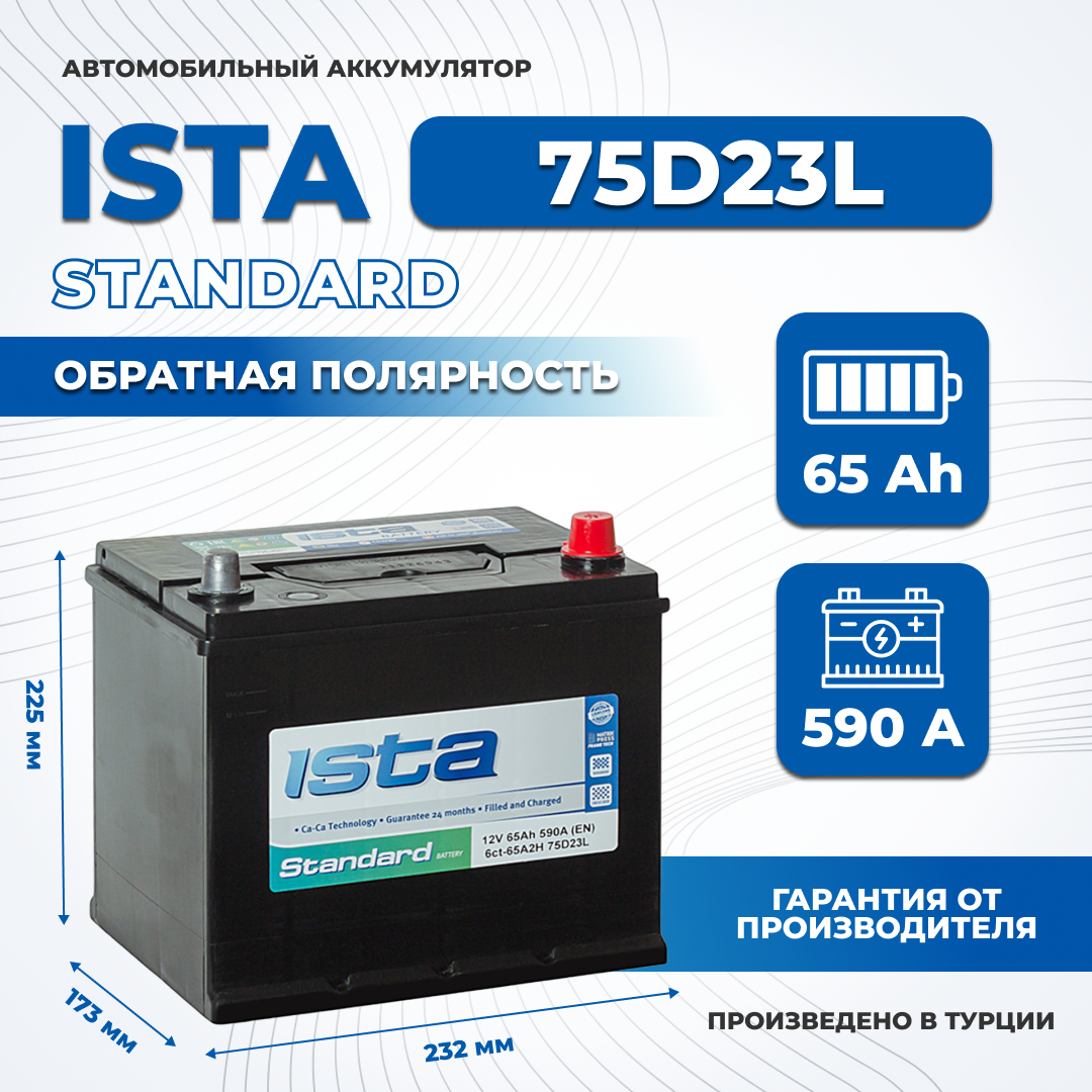 Аккумулятор автомобильный ISTA 75D23L 65Ah 650A обратная полярность легковой 232x175x225