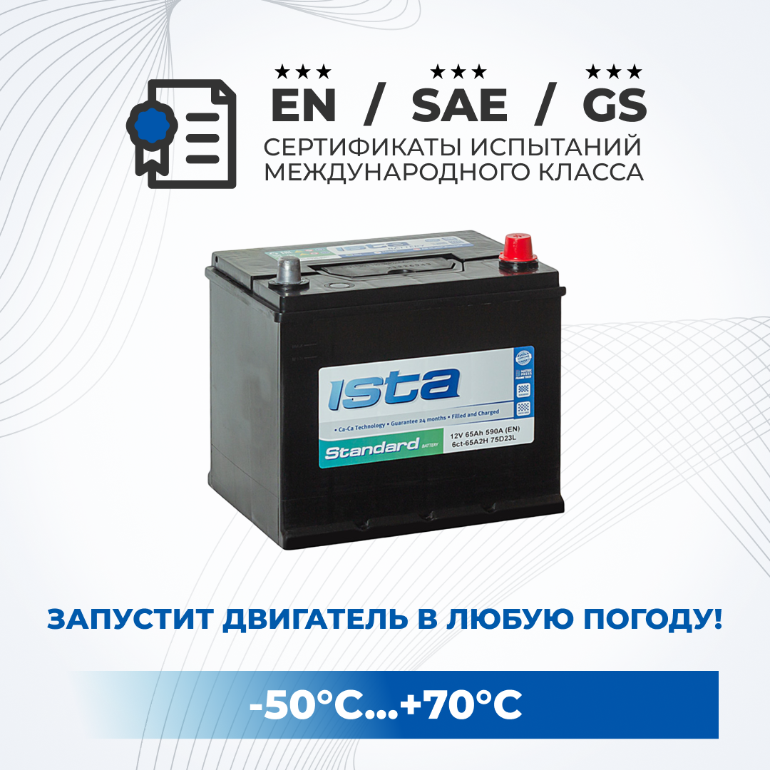 

Аккумулятор автомобильный ISTA 75D23L 65Ah 650A обратная полярность легковой 232x175x225, ISTA 1