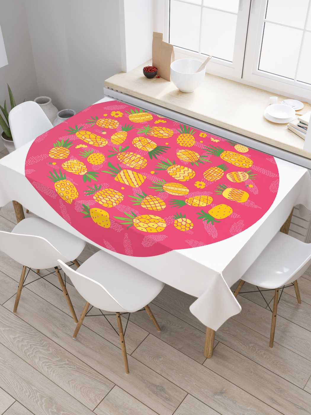 

Скатерть прямоугольная JoyArty "Модные ананасы" из сатена, 180x145 см, Розовый, Модные ананасы
