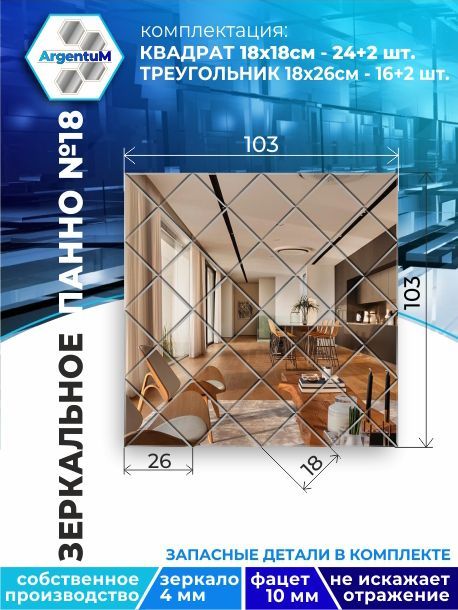 

Зеркальное панно из Квадратов 18х18 см с фацетом 10мм (103х103 см), panel18018002arg
