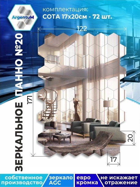 

Зеркальное панно Сота 17,3х20 см с еврокромкой (122х171 см), panel17320001arg