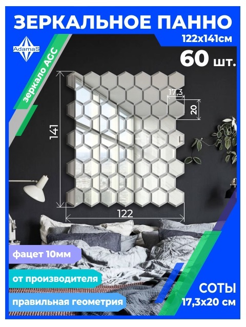 

Зеркальное панно из Сот 17,3х20см с фацетом 10мм (122х141см), panel17320002