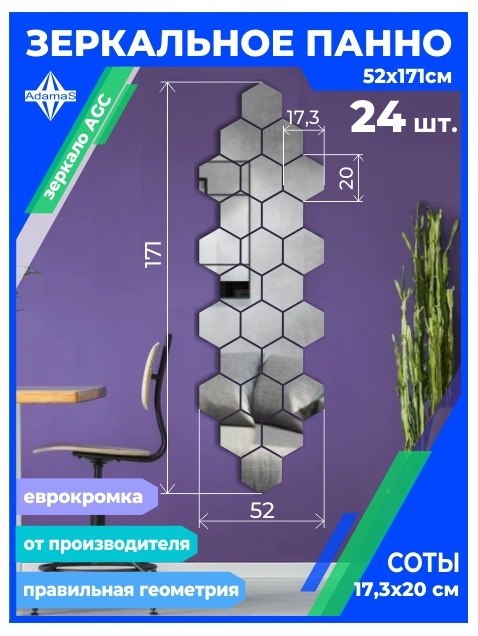 

Зеркальное панно из Сот 17,3х20см с еврокромкой (52х171см), panel17320001