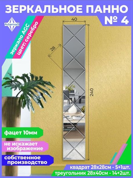 

Зеркальное панно из Квадратов 28х28см с фацетом 10мм (40х240см), panel282282
