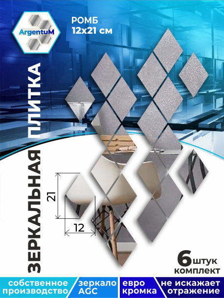 

Зеркальная плитка Ромб 12х20,8см с еврокромкой (6шт), rhomb11101arg