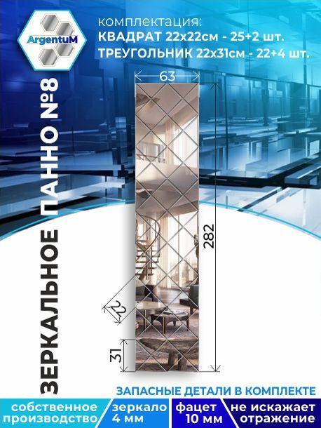 

Зеркальное панно из Квадратов 22х22 см с фацетом 10мм (63х282 см), panel22022002arg