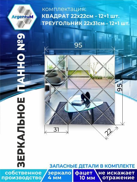 

Зеркальное панно из Квадратов 22х22 см с фацетом 10мм (95х95 см), panel22022002arg