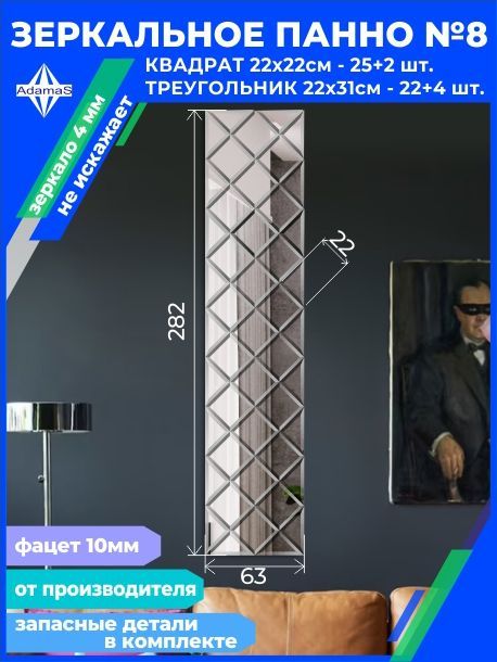 

Зеркальное панно из Квадратов 22х22см с фацетом 10мм (62,4х280,8см), panel220220