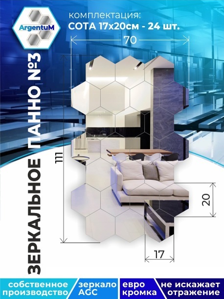 

Зеркальное панно Сота 17,3х20 см с еврокромкой (70х111 см), panel17320001arg