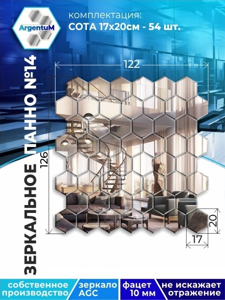 

Зеркальное панно Сота 17,3х20 см с фацетом 10мм (122х126 см), panel17320002arg