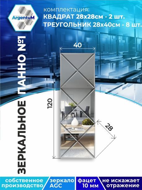 

Зеркальное панно из Квадратов 28х28см с фацетом 10мм (40х120см), panel282282arg