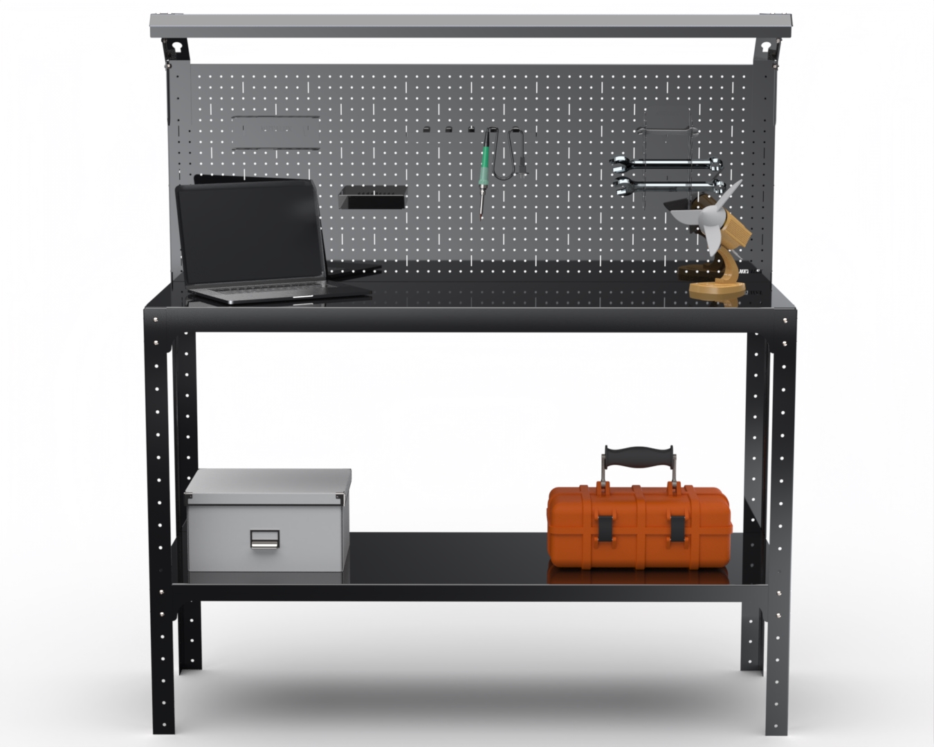 

Стол-верстак Metalex 205843 KIT 950х1000х500 1 полка + 1 панель + освещение, черный