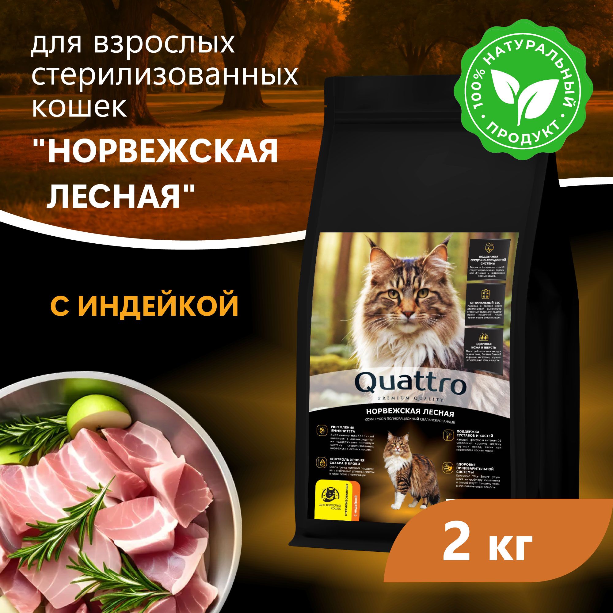 Сухой корм для кошек QUATTRO Норвежская лесная, с курицей и индейкой, 2 кг