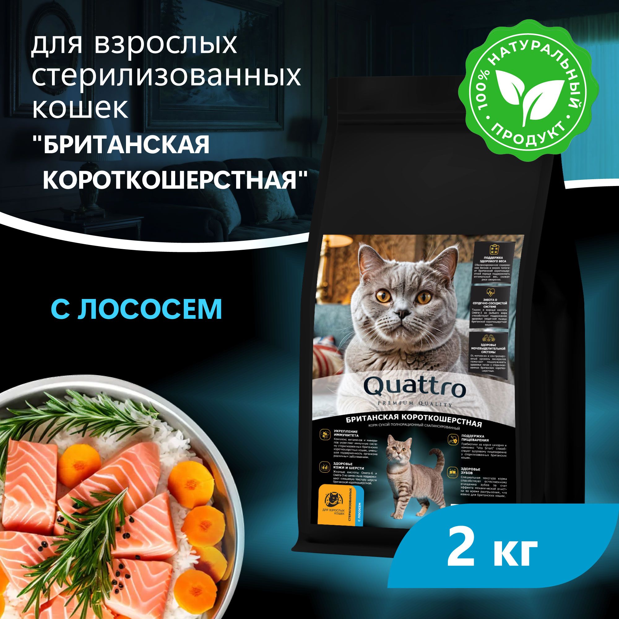 Сухой корм для кошек QUATTRO Британская короткошерстная, с лососем и хамсой, 2 кг