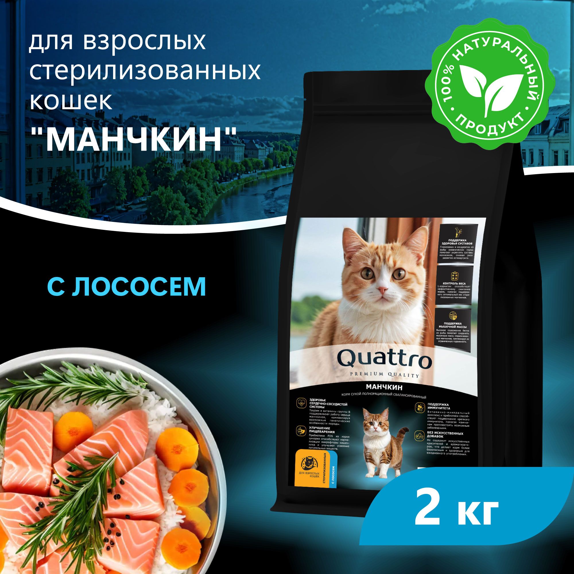 Сухой корм для кошек QUATTRO Манчкин, с лососем и хамсой, 2 кг