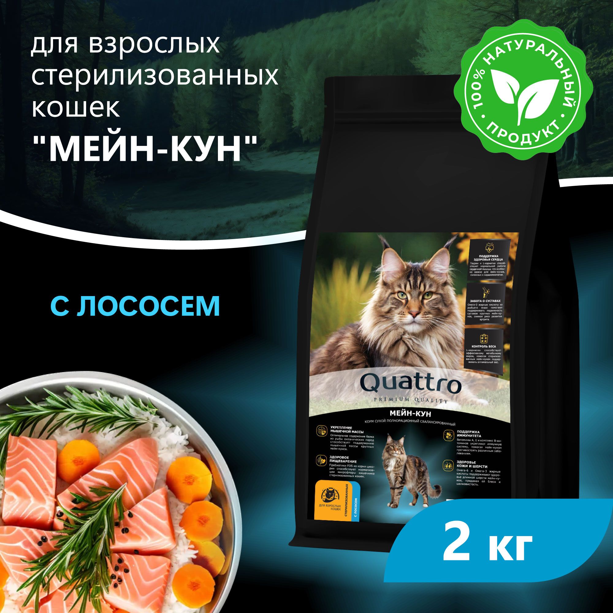 

Сухой корм для кошек QUATTRO Мейн-кун, с лососем и хамсой, 2 кг