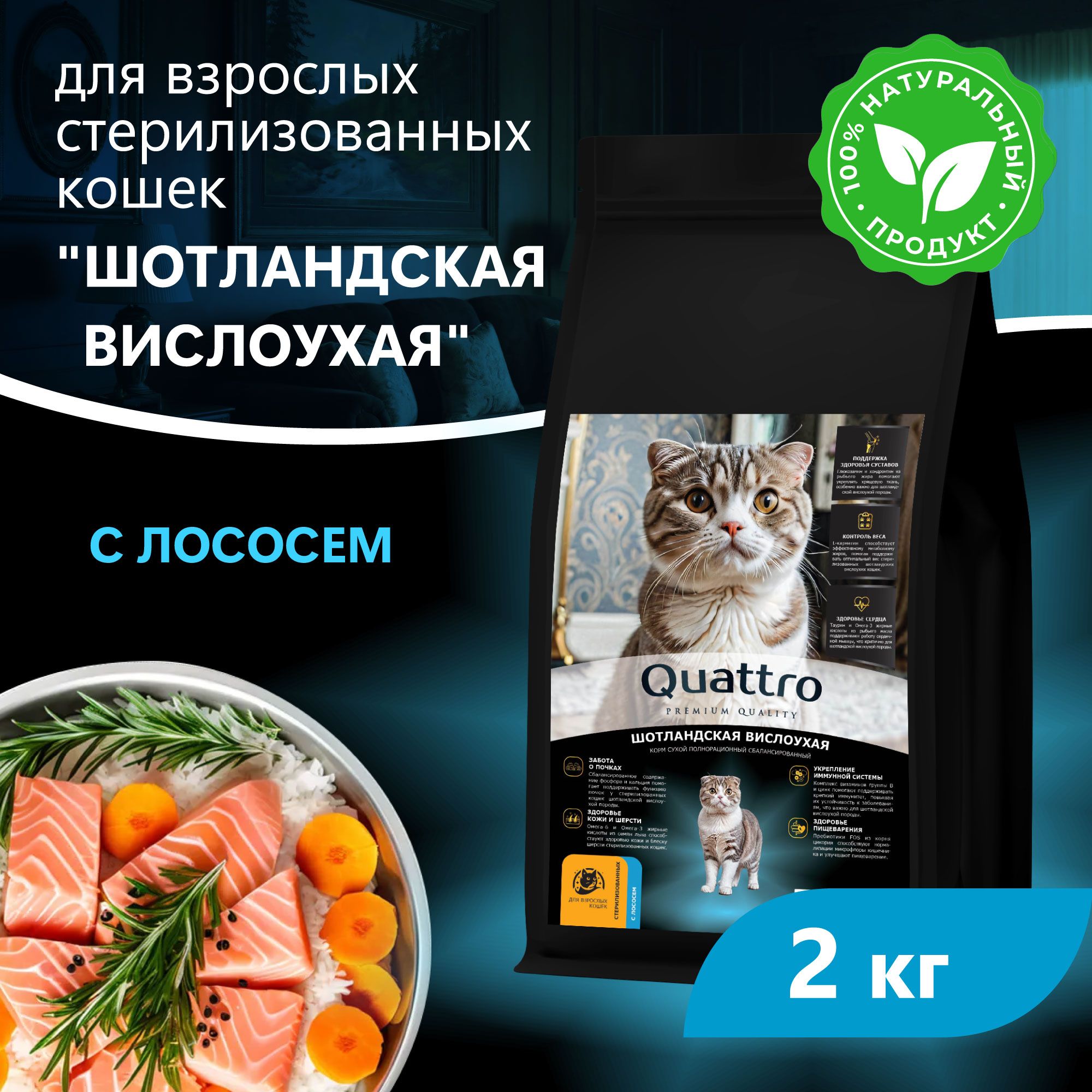 Сухой корм для кошек QUATTRO Шотландская вислоухая, лосось и хамса, 2 кг