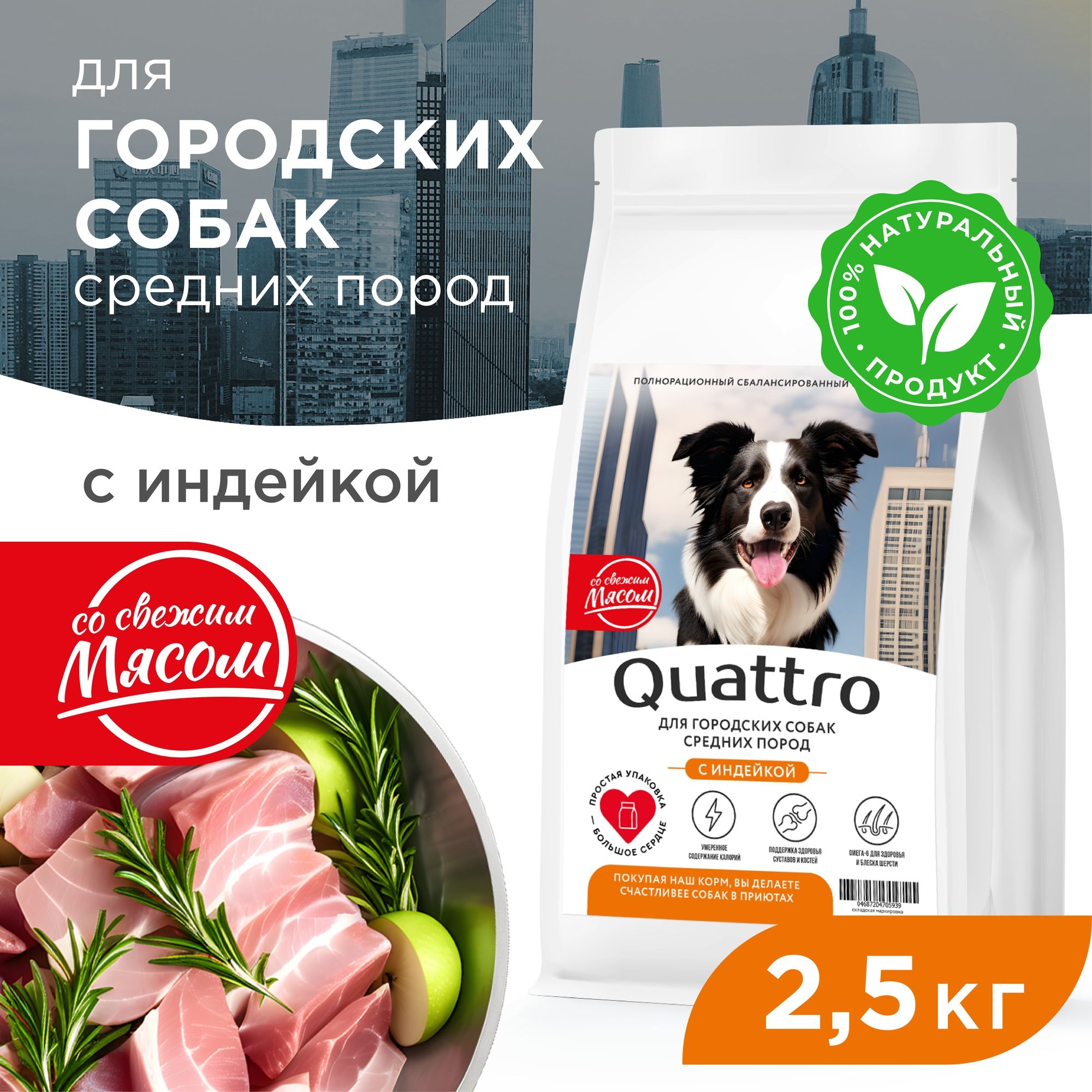 

Сухой корм для собак QUATTRO, средние породы, для живущих в городе, с индейкой, 2,5 кг