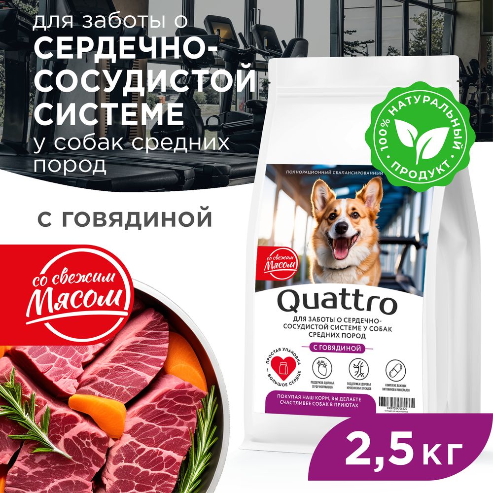 Сухой корм для собак QUATTRO, средние породы, забота о сердце и сосудах, говядина, 2,5 кг