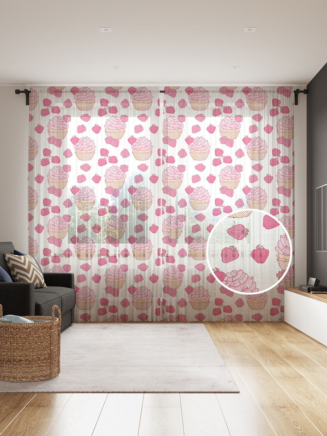 

Фототюль JoyArty "Пирожное с клубникой", 145x265см, 2 полотна, лента, 50 крючков, Пирожное с клубникой