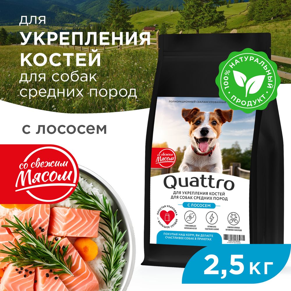 

Сухой корм для собак QUATTRO, средние породы, укрепление костей, с лососем, 2,5 кг