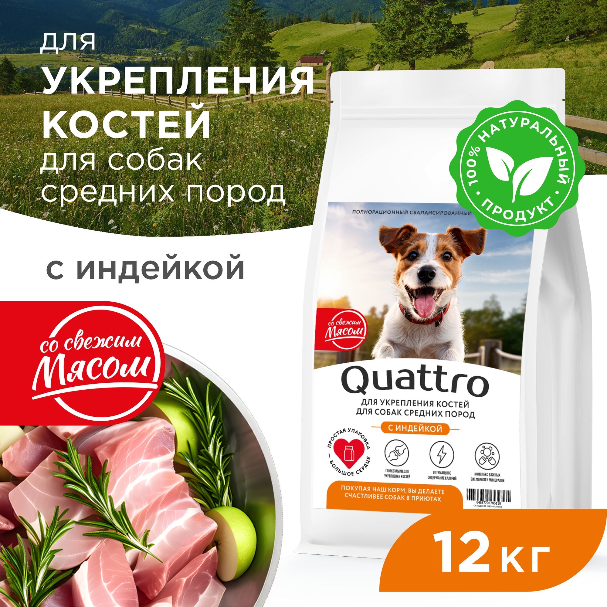 

Сухой корм для собак QUATTRO, средние породы, укрепление костей, с индейкой, 12 кг