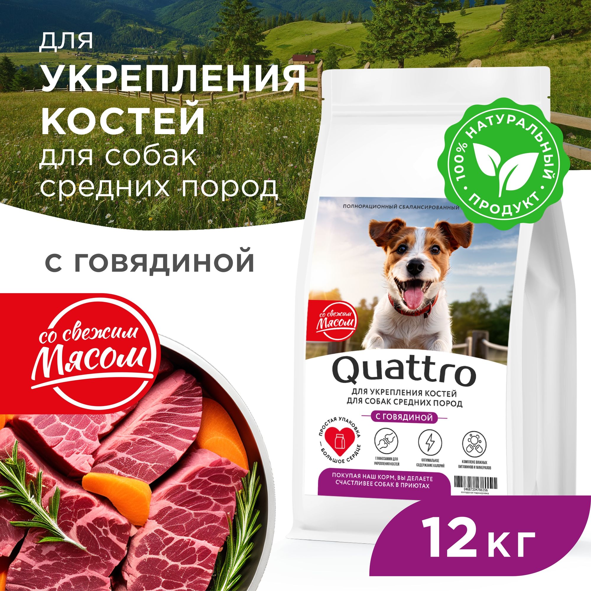 

Сухой корм для собак QUATTRO, средние породы, укрепление костей, с говядиной, 12 кг