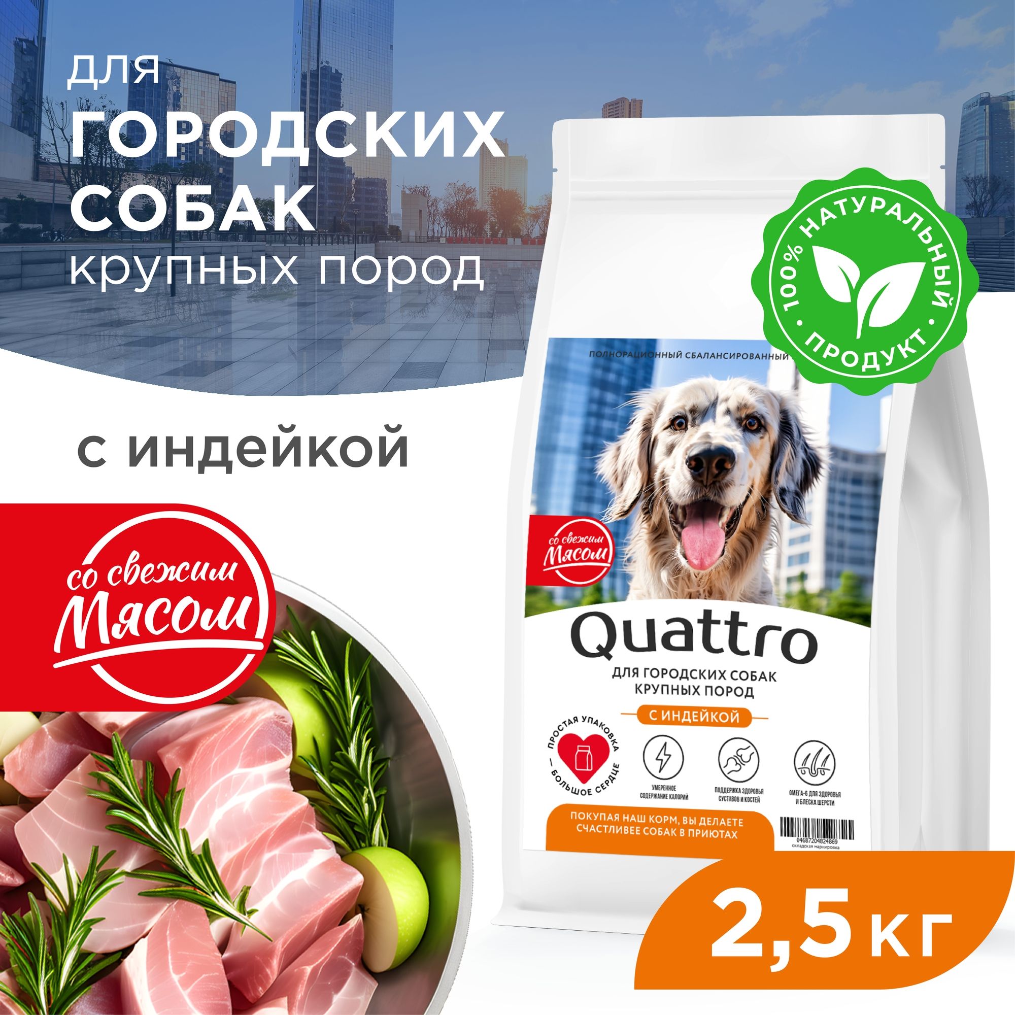 

Сухой корм для собак QUATTRO, крупные породы, для живущих в городе, с индейкой, 2,5 кг