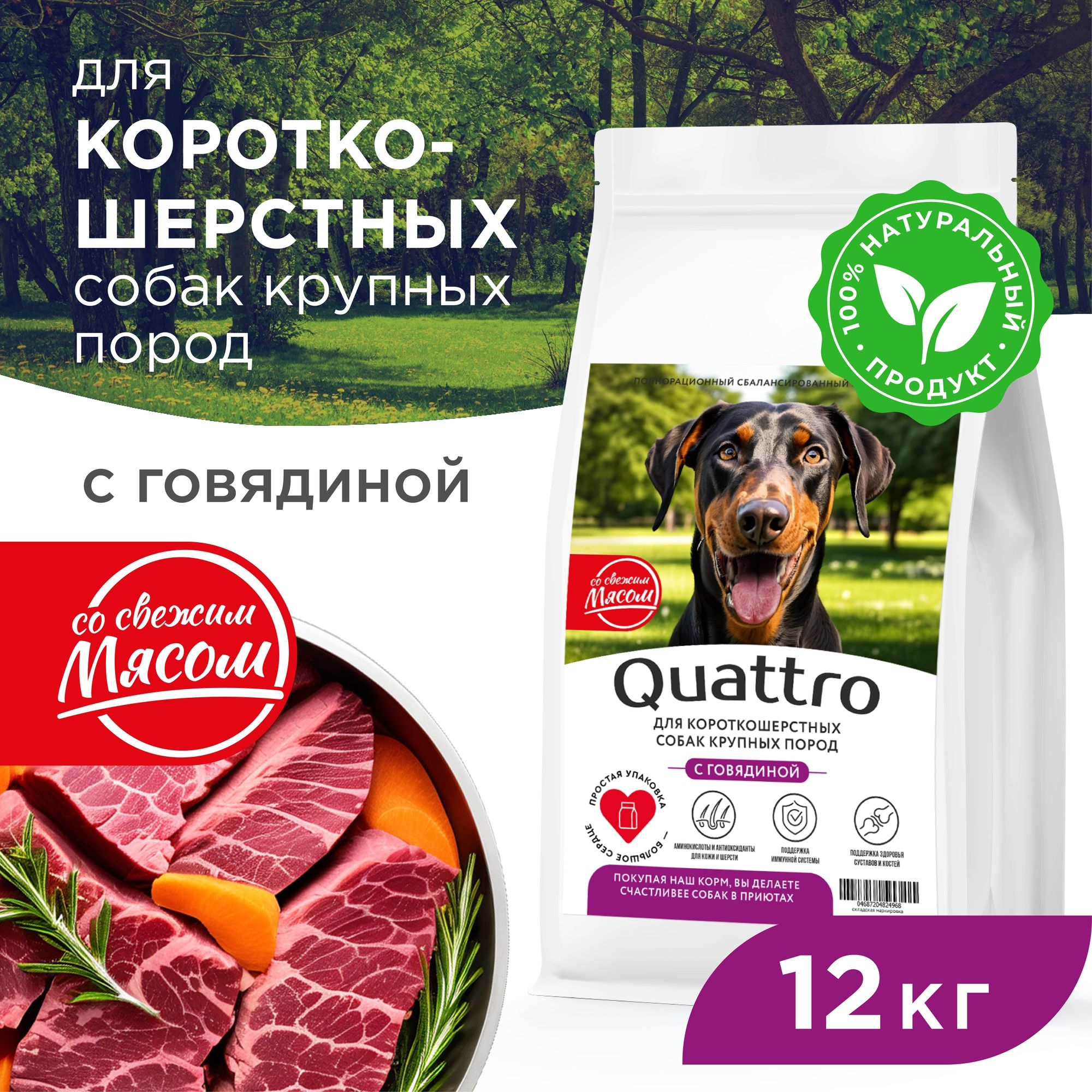 

Сухой корм для собак QUATTRO, крупные короткошерстные породы, с говядиной, 12 кг