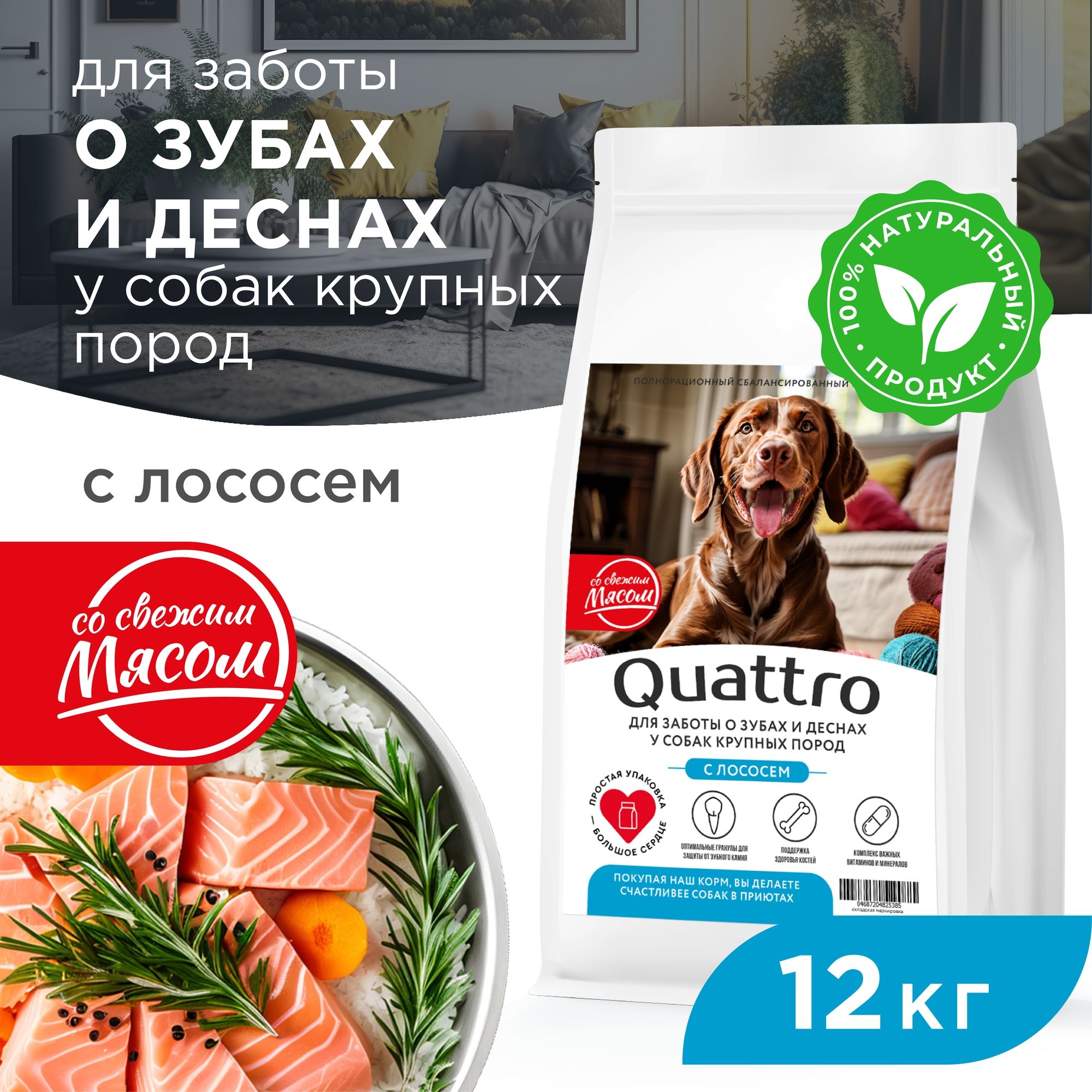 

Сухой корм для собак QUATTRO, крупные породы, для заботы зубов и десен, с лососем, 12 кг