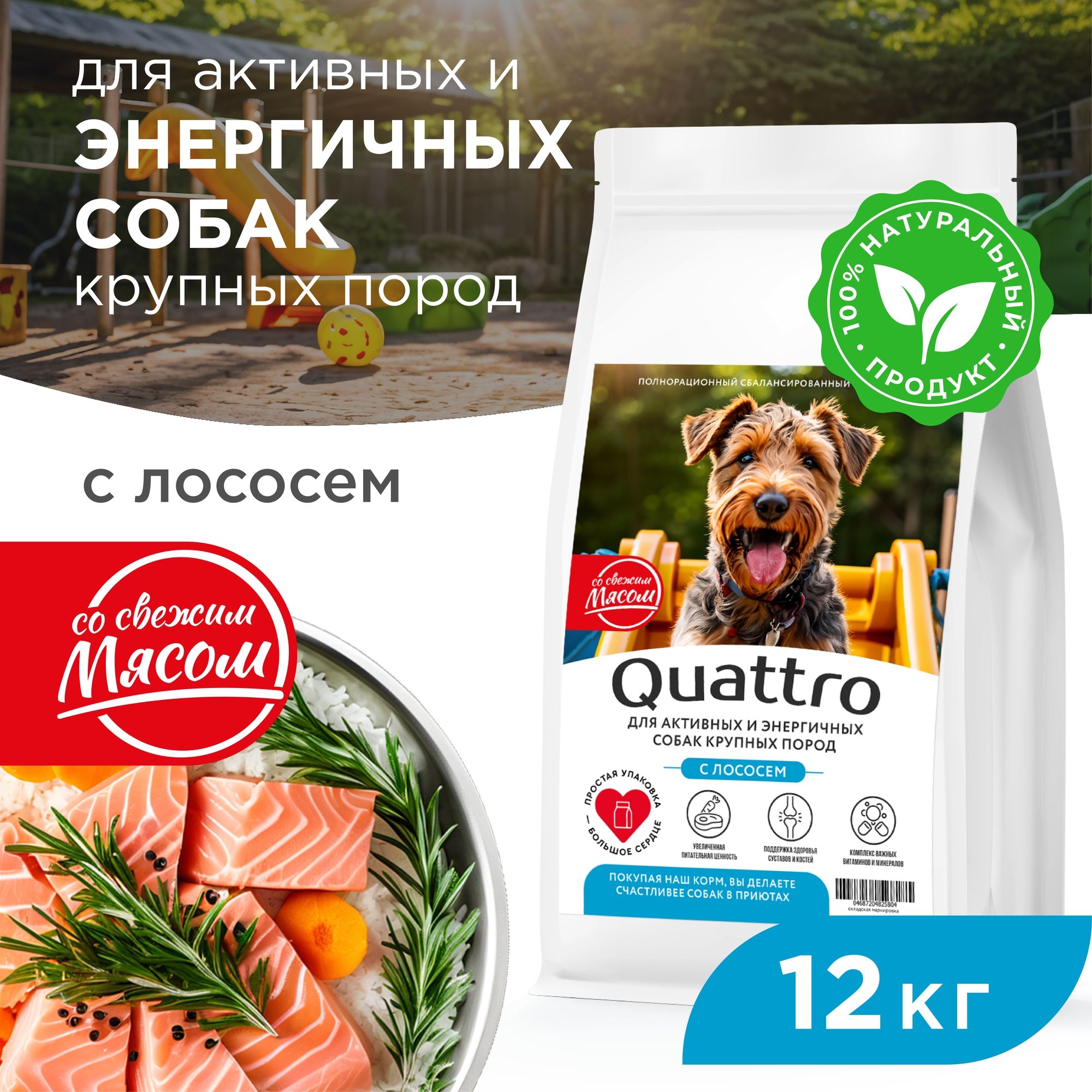 

Сухой корм для собак QUATTRO, крупные породы, для активных и энергичных, с лососем, 12 кг