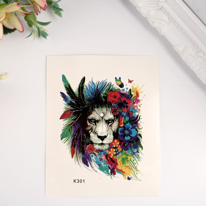 Татуировка на тело цветная Лев в цветах 10х8 см татуировка на тело ная зверята индейцы микс 16х11 см