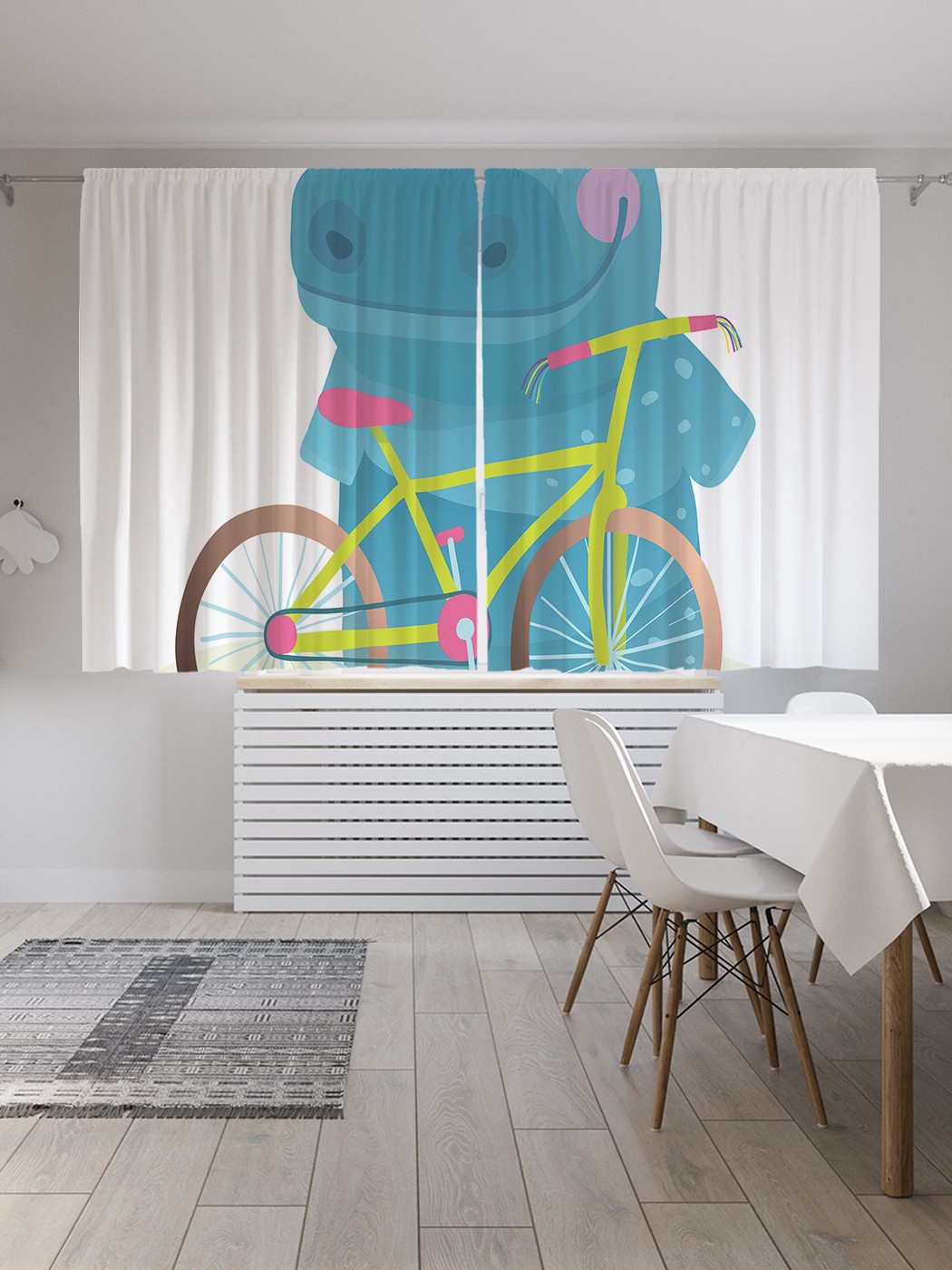 фото Классические шторы joyarty "бегемот на велосипеде", oxford delux, 2 полотна 145x180 см