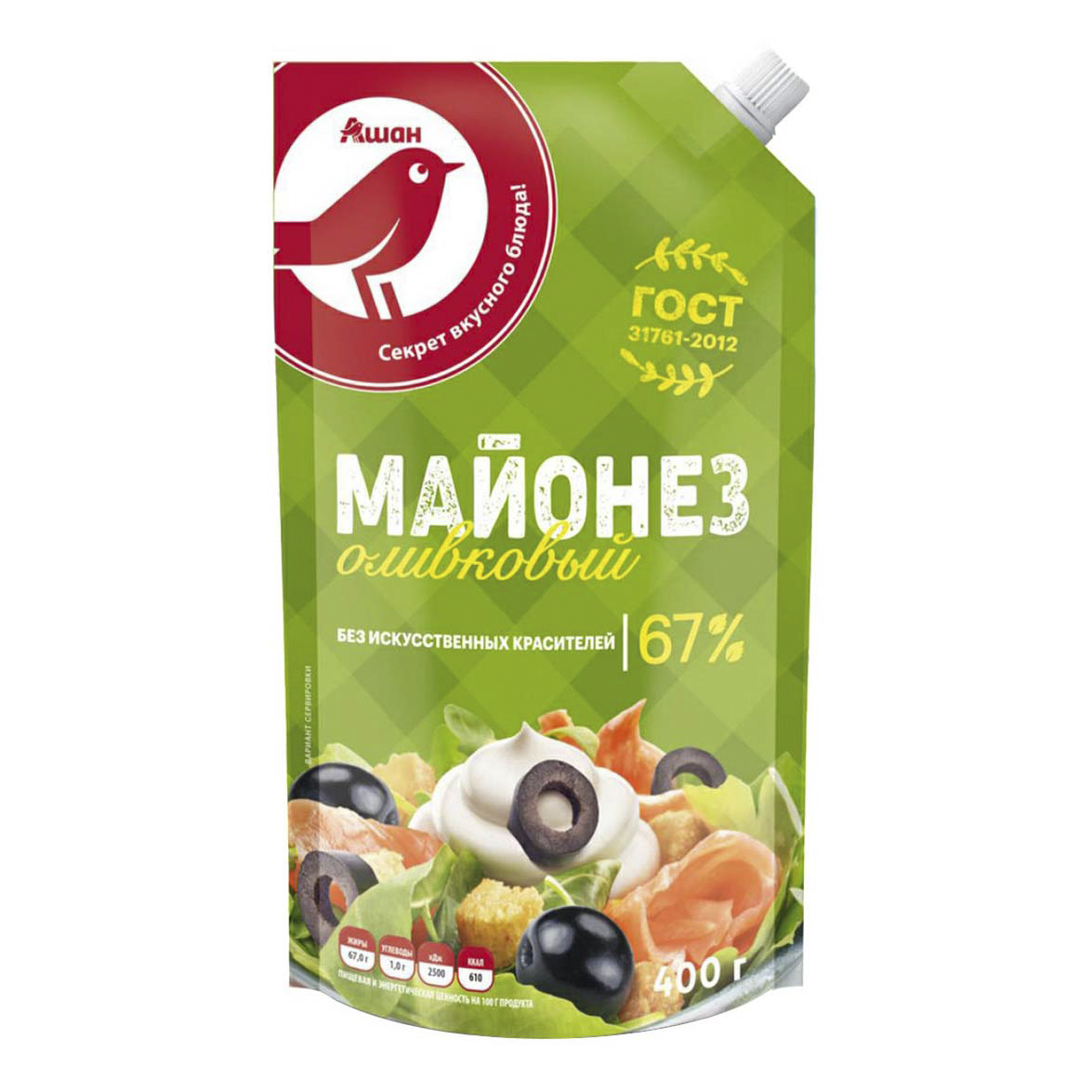 

Майонез Auchan Красная Птица Оливковый 67% 400 г