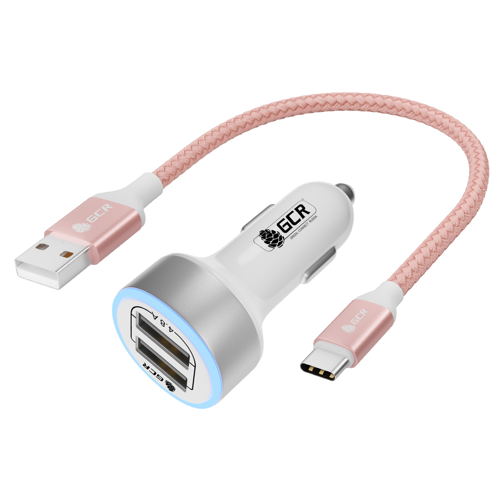 Комплект АЗУ на 2 USB порта 4.8А LED+кабель TypeC QC 3.0 для быстрой зарядки GCR-52660