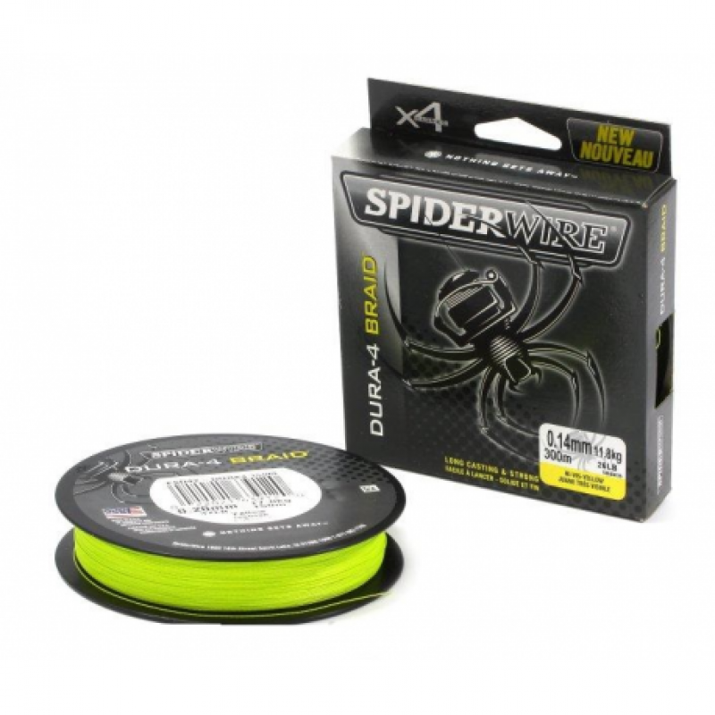 Шнур плетеный SPIDERWIRE Х4 Dura Braid 150м яркожелтый 0,10мм 9,1кг 20lb Yellow