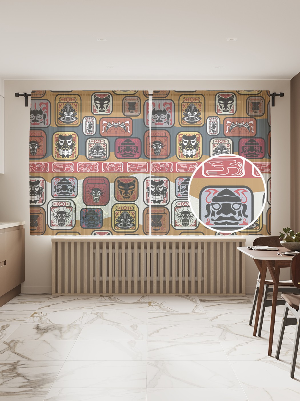 фото Фототюль joyarty "языческие маски", 145x180 см (2 полотна со шторной лентой + 50 крючков)