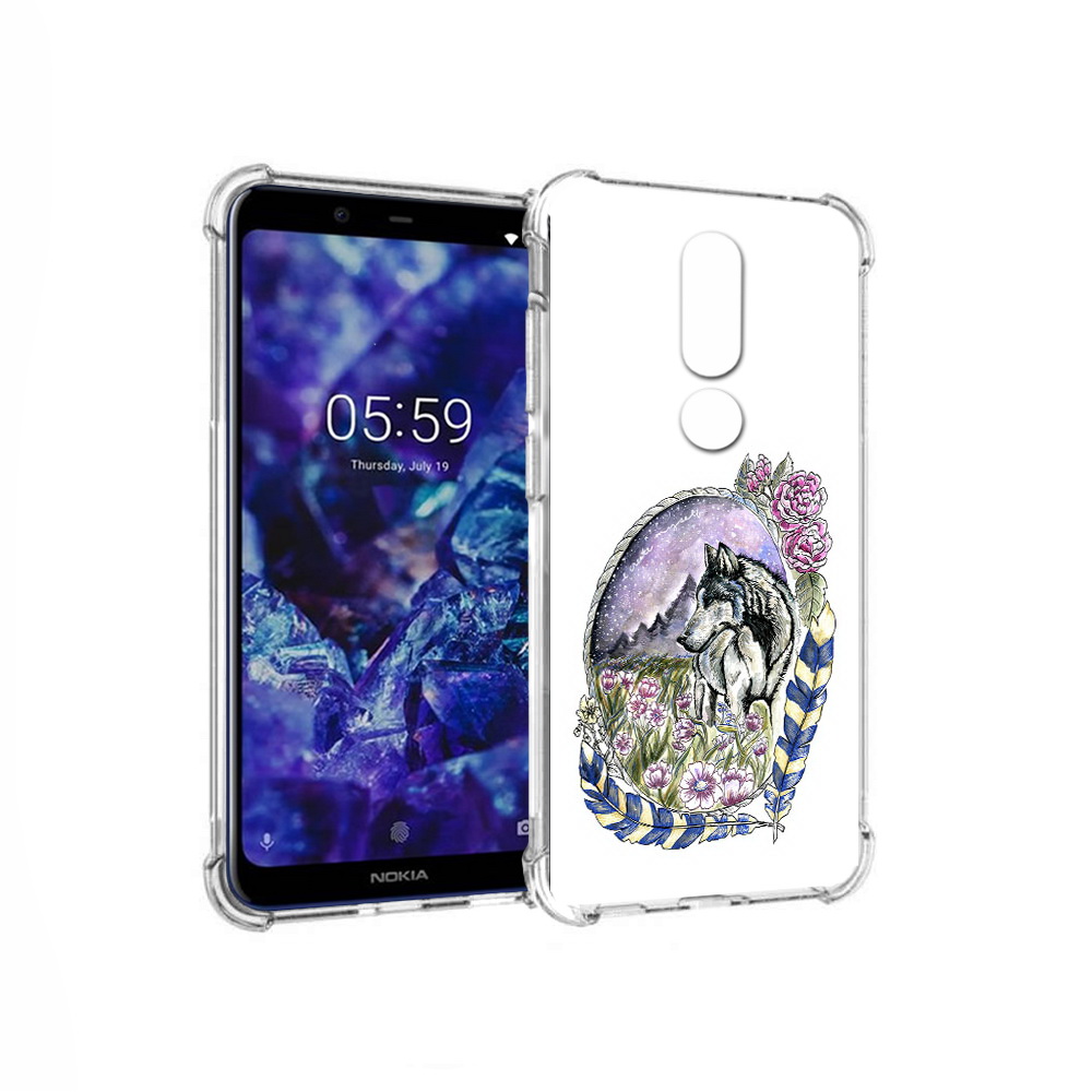 

Чехол MyPads Tocco для Nokia 5.1 Plus нарисованный волк в цветах с перьями, Прозрачный, Tocco
